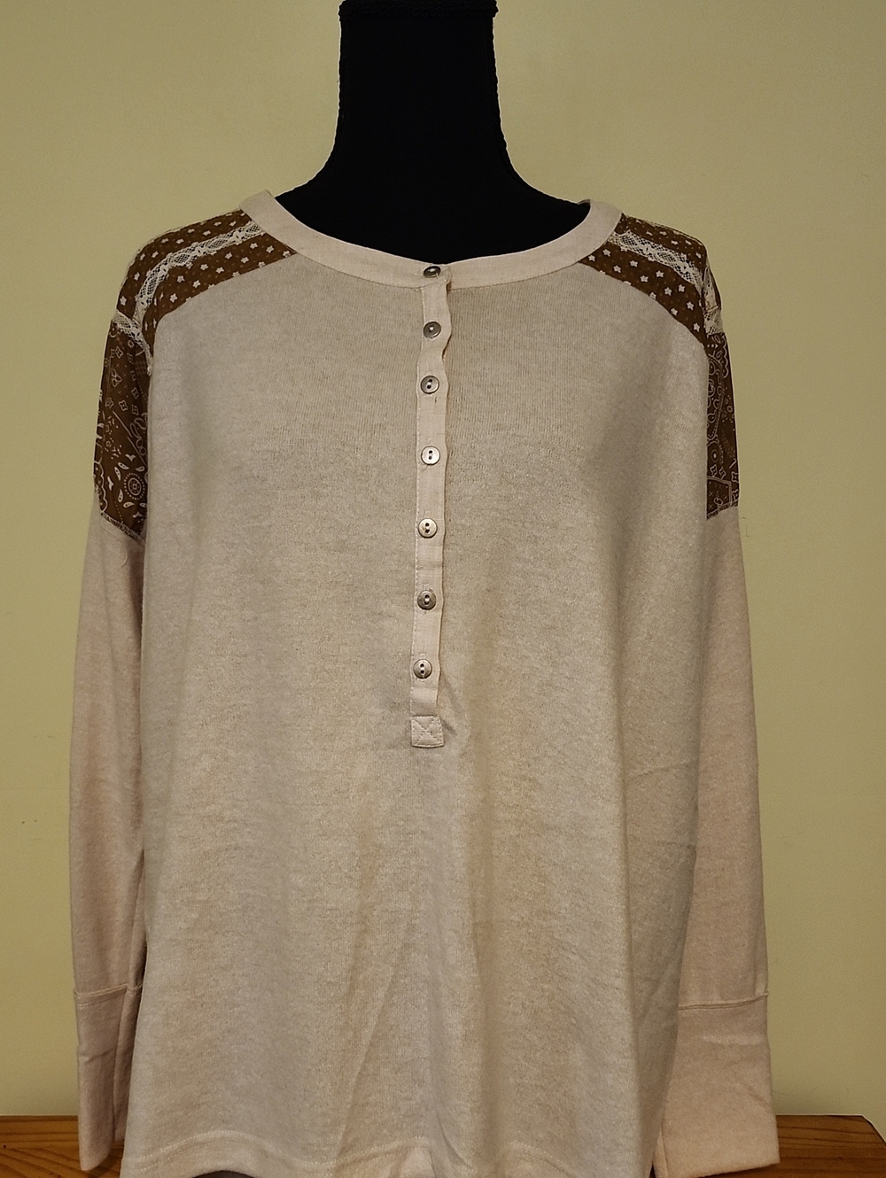 Women's Cream Henley Top with Brown Bandana Shoulder Accents